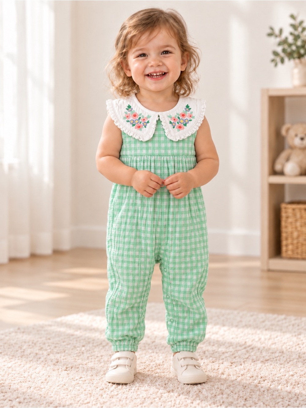 Green Gingham Embroidered Collar Jumpsuit for Kids